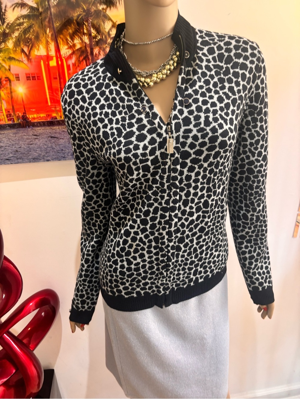 St. John Black Blue skirt suit Animal-Print Zip Cardigan Jacket 10 M